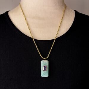 Amazonite Amethyst Sterling Silver Gold Vermeil Pendant & Rope Necklace 20”